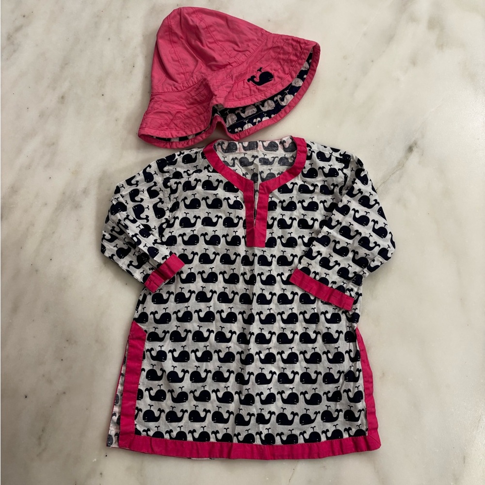 Pottery Barn Kids Pink and Navy baby Whale kaftan cover up and matching Hat 6-12